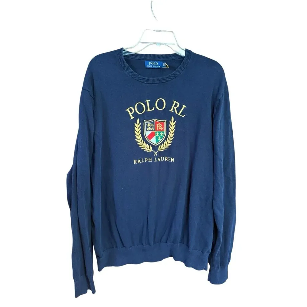 Polo Ralph Lauren navy blue Cotton crewneck sweater embroidered logo crest Sz XL